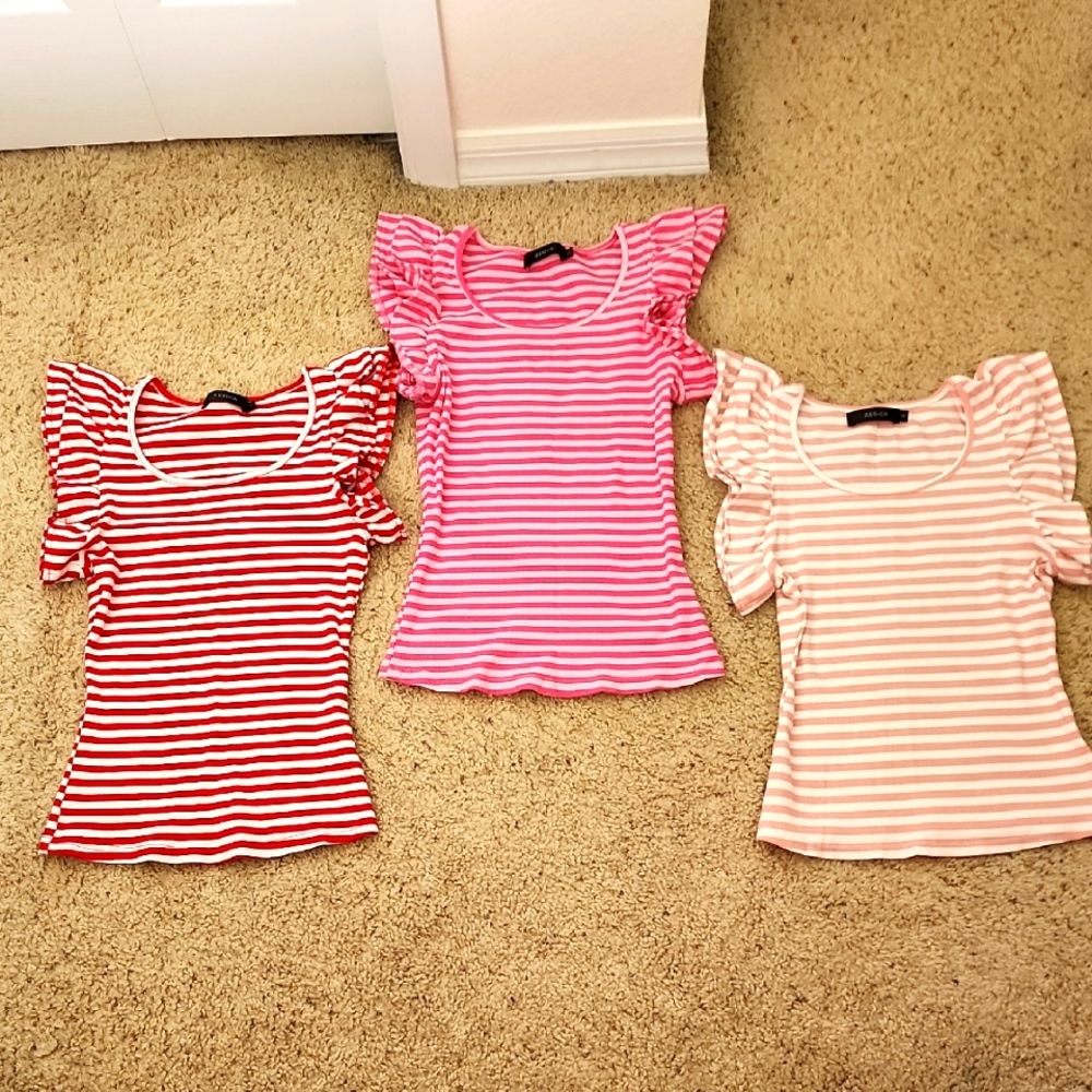 Set Of 3 Striped Ruffle Sleeve Tops - Red, Pink, Light Pink, Zesica Size Small